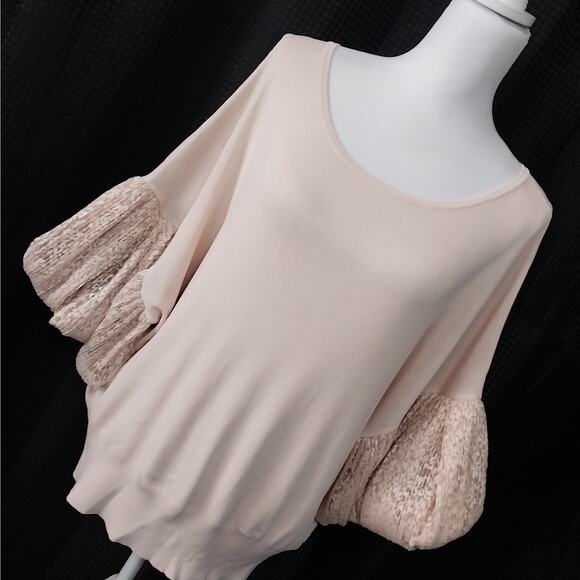 EXPRESS! ANTIQUE SHELL PINK KNIT TOP, BLOUSON BALLOON LACE SLEEVES! SZ XL - Picture 1 of 8